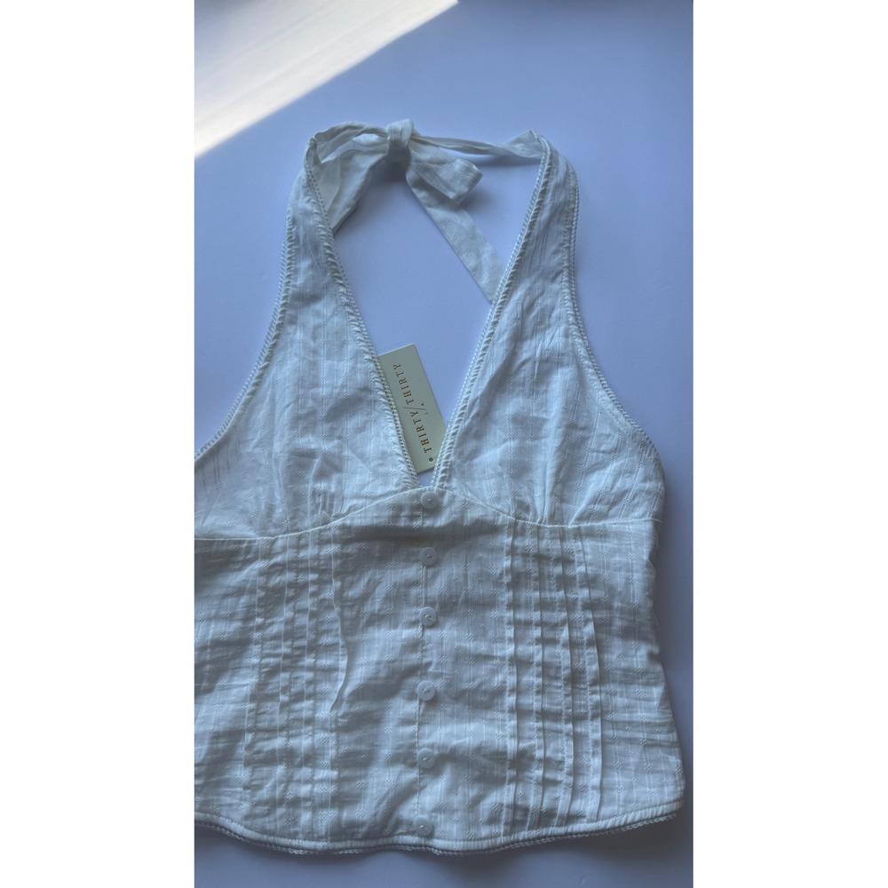 Thirty Thirty LA White Dobby Cotton Halter Top Button Front Smocked 1ECLU729